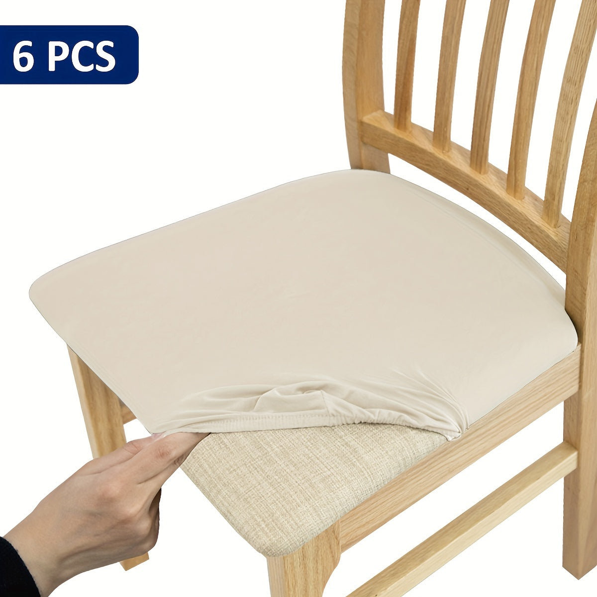 4/6 piece elastic chair cushion cover in various solid colors. Easy to install and ideal for protecting furniture in living rooms, kitchens, and restaurants.