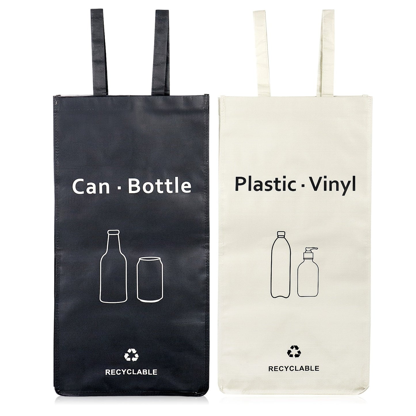 BOMEI PACK presents a set of 2 White and Gray Recycling Bags with Handles, perfect for sorting trash in your kitchen, home, or office. Each bag has a capacity of 105.99 liters and is made of heavy-duty waterproof woven material. These reusable bags are