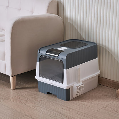 Enclosed cat litter box with deodorizing system made of PP material, fully sealed design for odor control, compatible with carbon transport, suitable for all cat breeds.