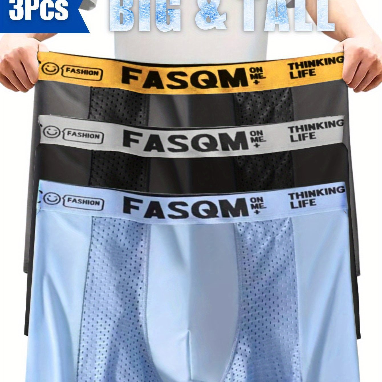 Plus Size Men's Ice Charm Boxer Briefs with Mesh Patch Breathable Stretchy Trunks in Green, Sky Blue, Black, or Deep Gray with Contrast Letter Print Waist Band, PLUS SIZE