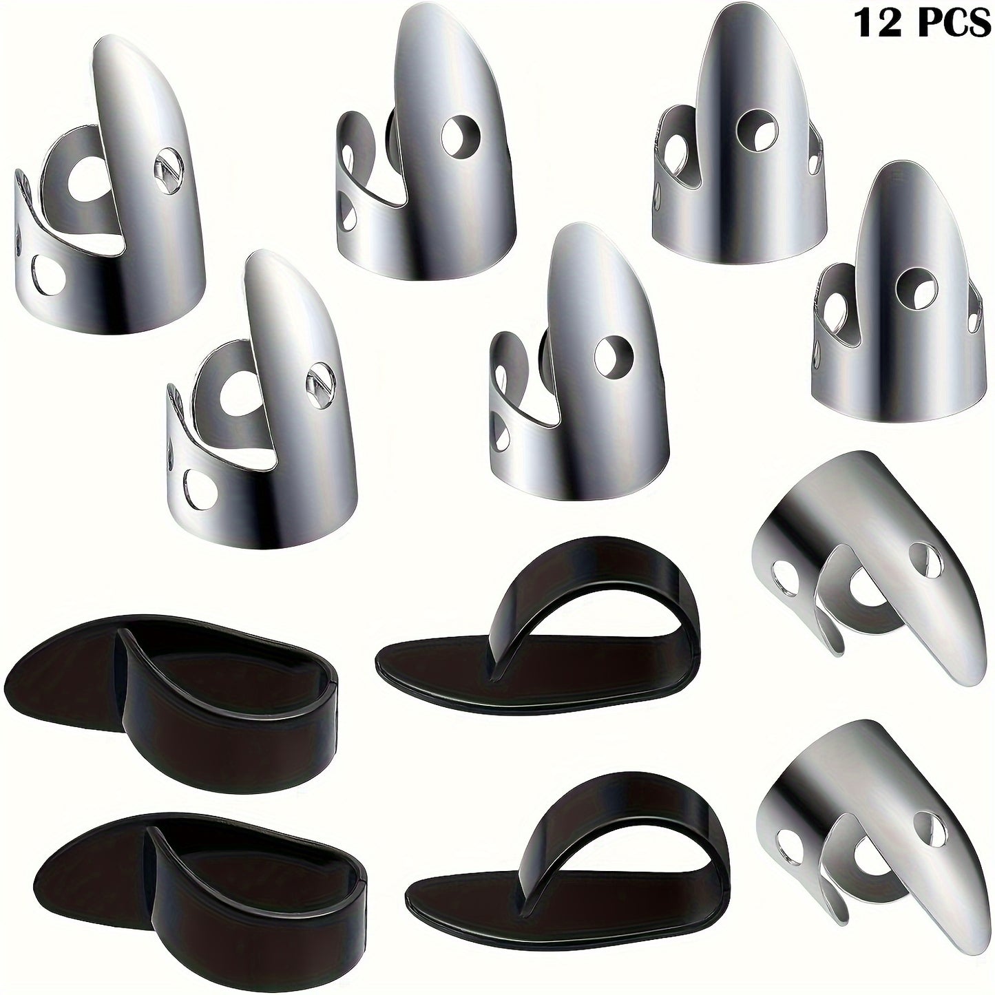 Set of 12 steel finger picks including stainless steel finger picks and thumb picks, adjustable for guitar, banjos and other instruments.