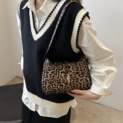 Leopard Print Shoulder Bag with classic clasp, PU strap, zip closure, and faux leather lining.