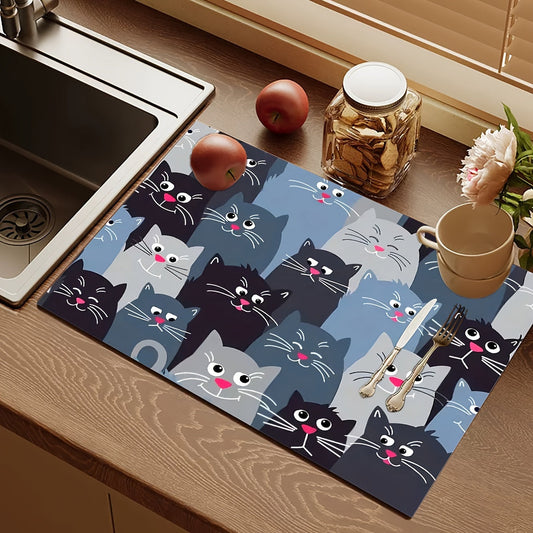 Cat Design Waterproof Dish Drying Mat - Ultra Absorbent, Stain-Resistant with Non-Slip Rubber Bottom, Versatile Kitchen & Dining Accessory