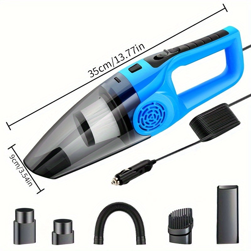 Powerful 12V car vacuum with strong suction for interior detailing, perfect for pet hair removal. Includes crevice tool kit, plugs into cigarette lighter with 3-5m cord. Great for cleaning