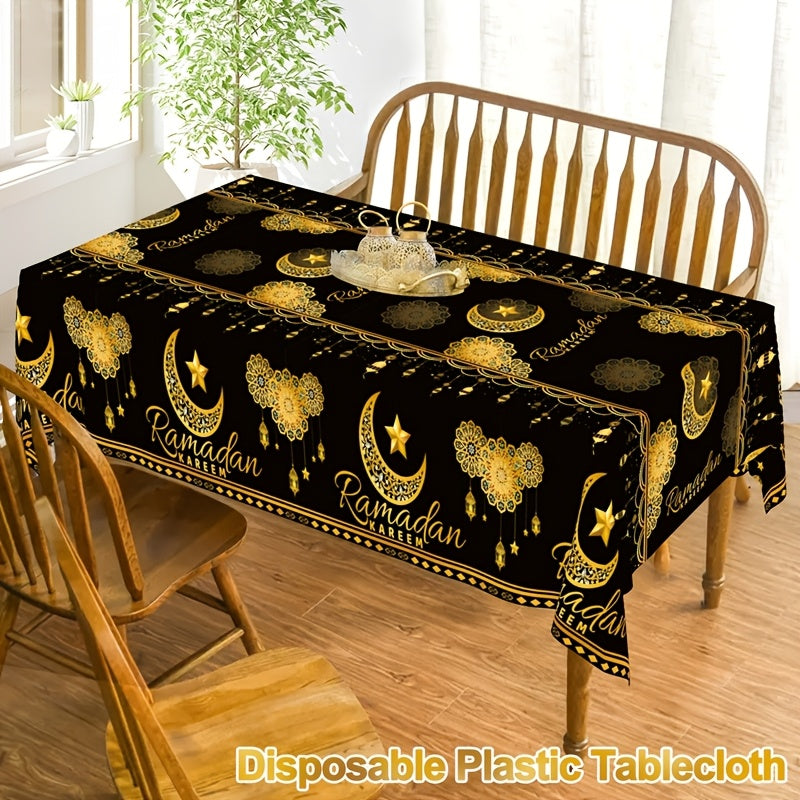 Ramadan-themed disposable plastic tablecloth with black and golden moon, lantern, and star design, sized 130x220cm. Perfect for Eid Al-Fitr & Eid Al-Adha celebrations.