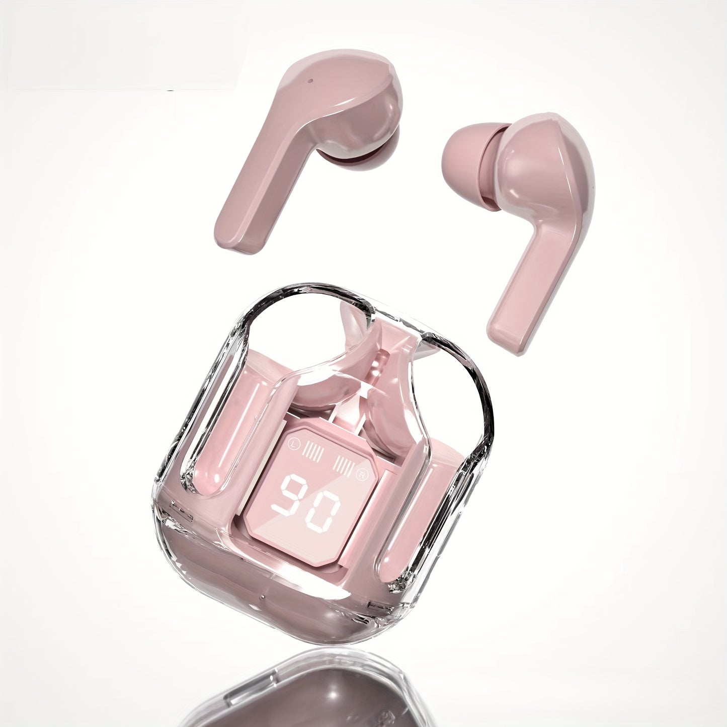 New wireless in-ear headphones with multi-color semi-transparent appearance and LED display.