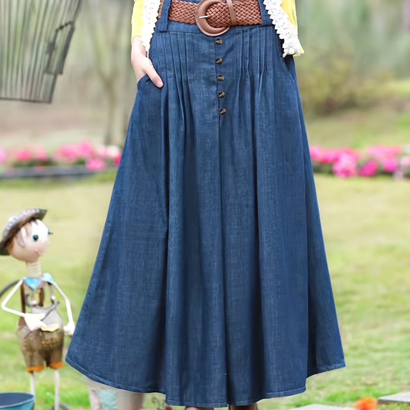 Plus size denim midi skirt with decorative button pockets, casual bohemian style in dark blue. Non-stretch, machine washable with faux button detail. Perfect for spring/summer/fall.