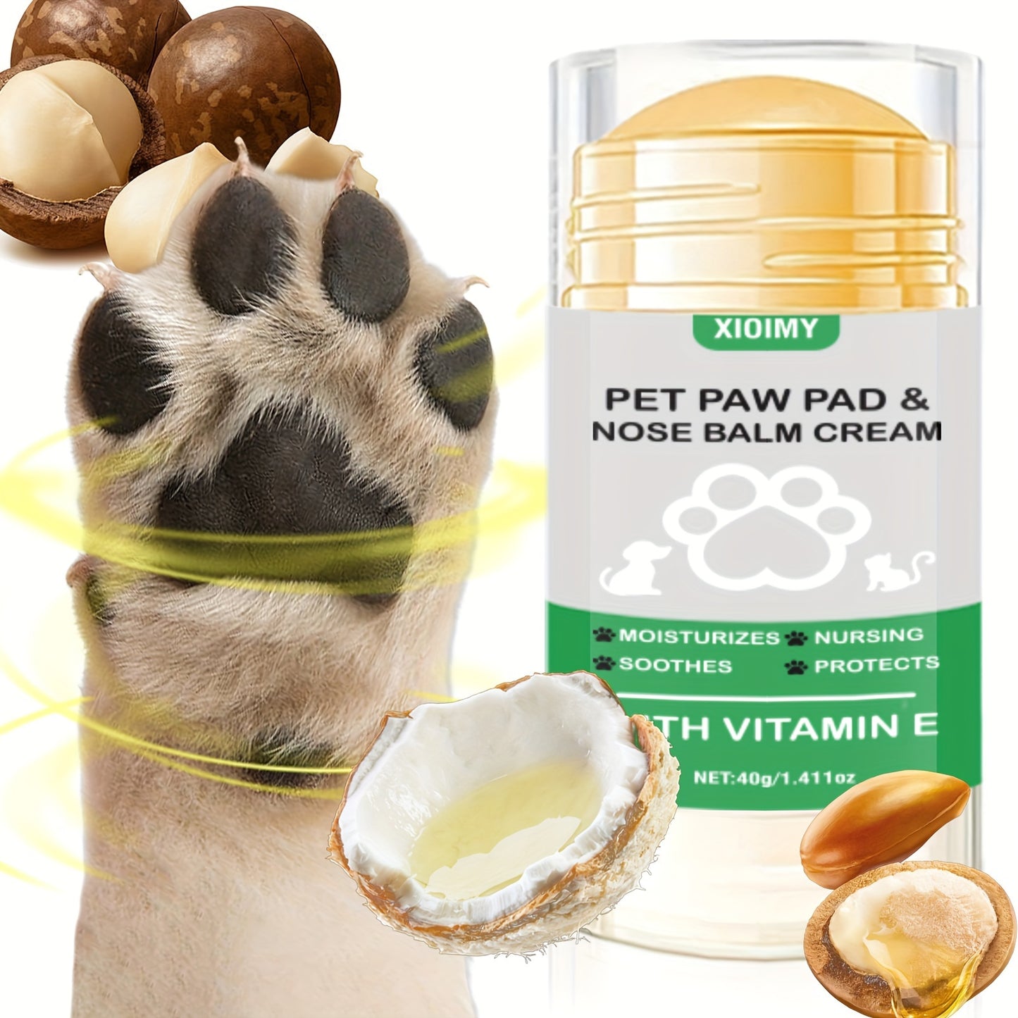 Xioimy Pet Paw Pad & Nose Balm Cream 1.411oz - Hydrating stick for cats & dogs, soothes dry cracks, all-season protection with Vitamin E.