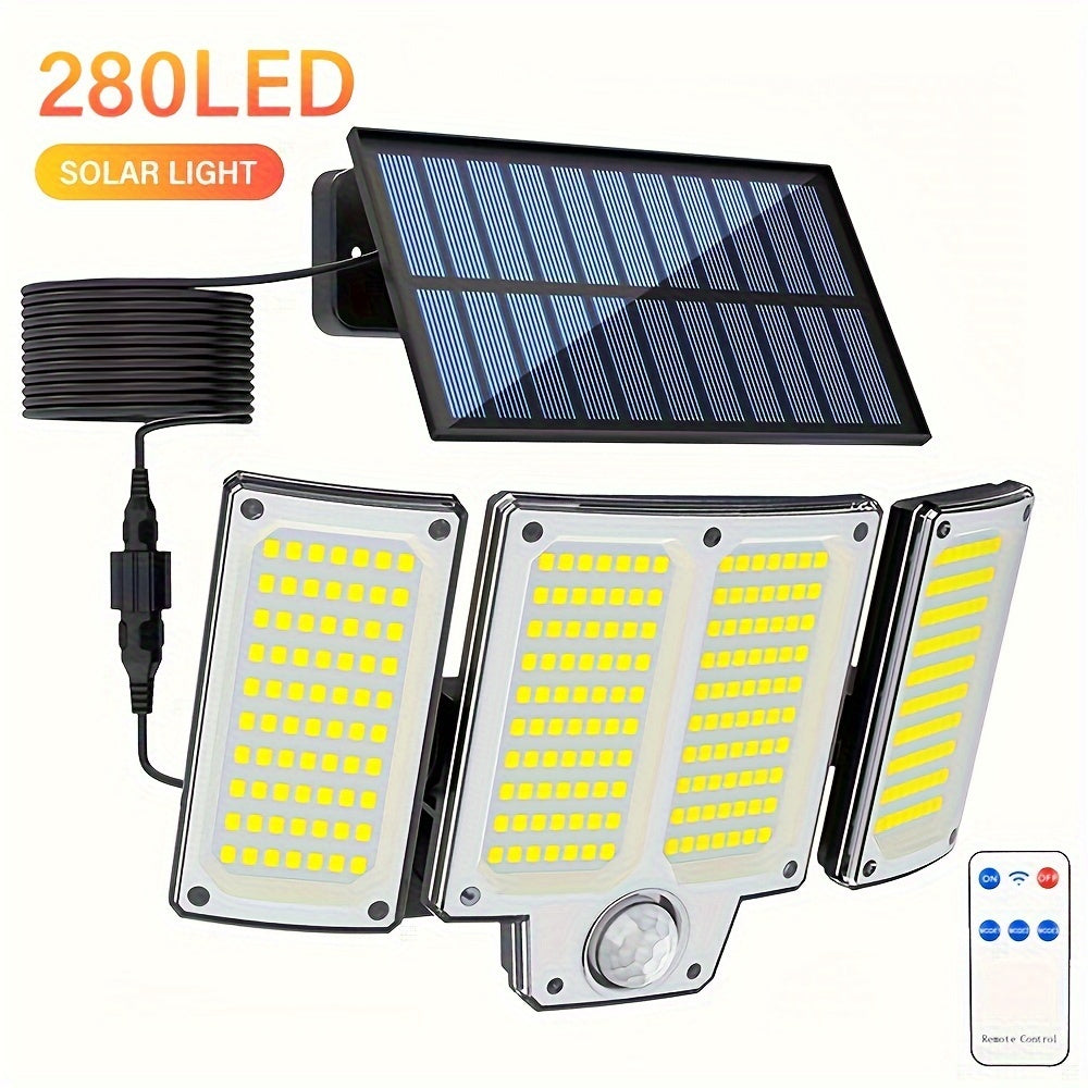 Solar floodlight with 3 heads, 280 LED lights, plastic construction, solar-powered with lithium battery, remote control, infrared sensor, 3 modes, wall-mountable, wireless, includes