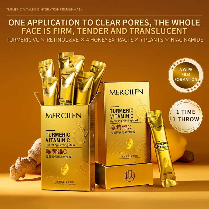 MERCILEN Turmeric Vitamin C mask provides deep cleansing and moisture, suitable for all skin types..GraphicsUnit contains 10 pcs, with ingredients like Retinol, Aloe Vera, and Hyaluronic