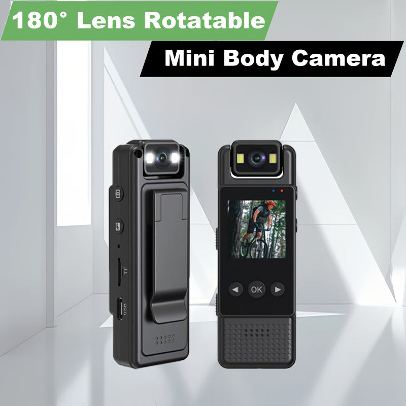 Clip-on body camera with rotating lens, loop recording, and image mirroring, perfect for capturing sports and work content.