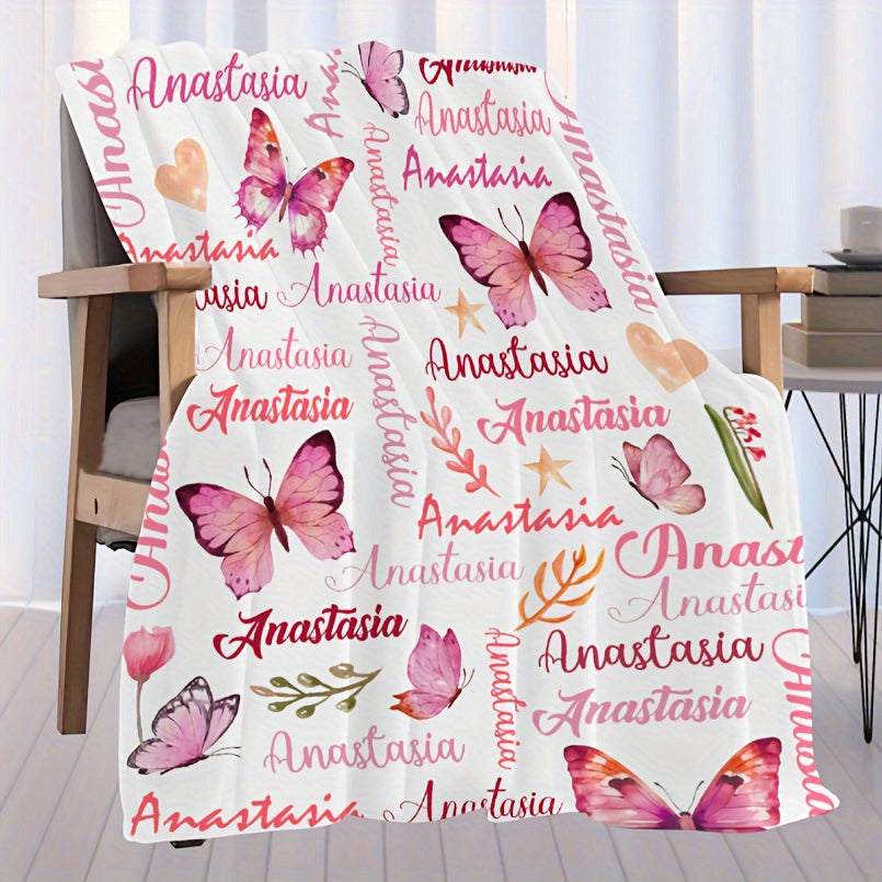 Personalized Anastasia Butterfly Throw Blanket - Soft Flannel Fleece for Sofa, Bed, Travel, Camping, Living Room, Office - Machine Washable, Hypoallergenic, All-Season Multipurpose Knitted Polyester - Modern Digital Print Design