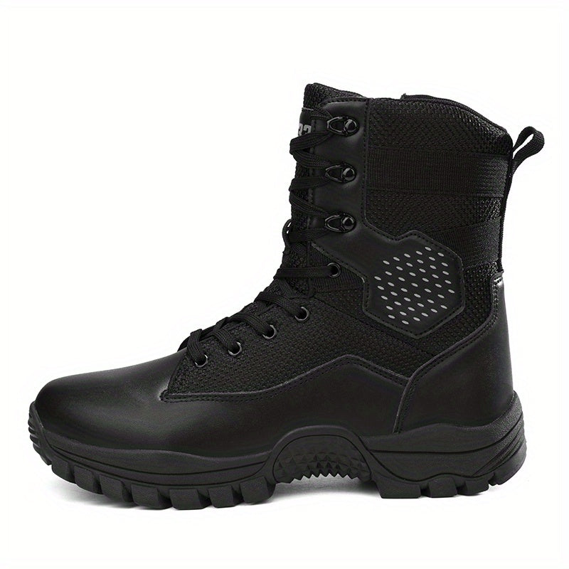 High top tactical work boots with side zipper, non-slip and durable for outdoor hiking activities.