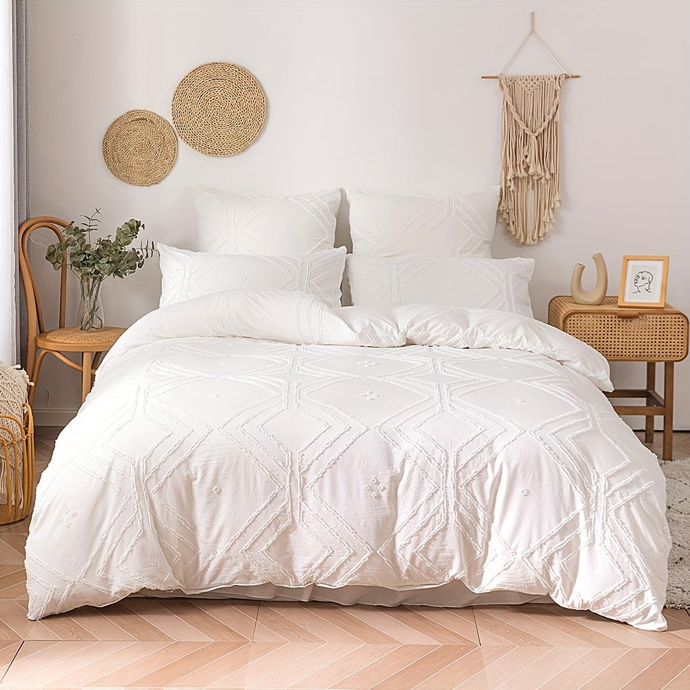 Boho Tufted Duvet Cover Set 1 ta Duvet Cover va 1 yoki 2 ta Yostiq qopqog'ini o'z ichiga oladi (Yadro kiritilmagan). Geometrik Tekstura dizayni va Zipper yopilishi bilan ta'minlangan, bu Yumshoq va Yengil to'shak to'plami barcha fasllar uchun mukammaldir.