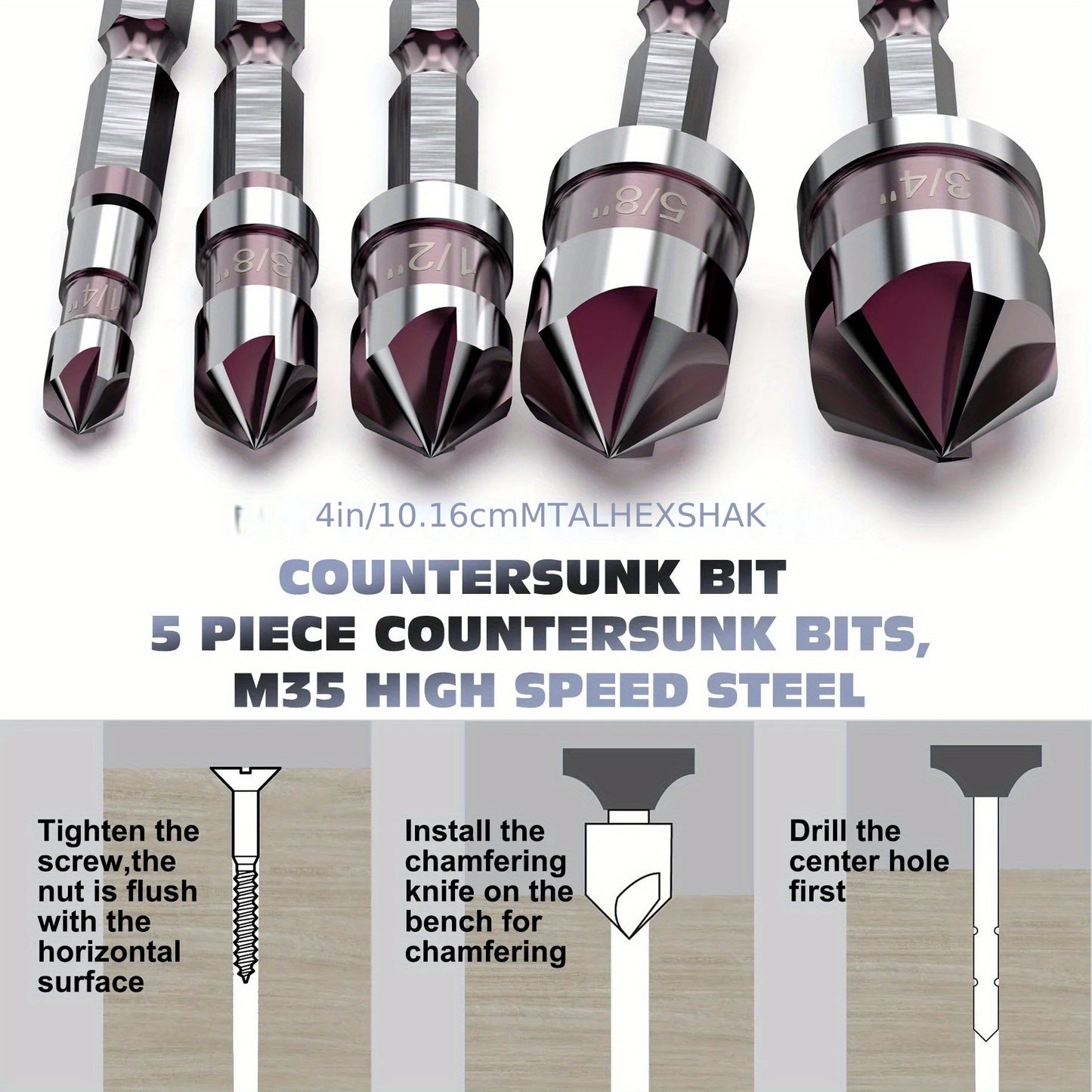 5-piece M35 Cobalt Countersink Drill Bit Set with 82° Angle and 1/4" Hex Shank. Versatile for Metal, Wood, and Plastic. Sizes include 1/4", 3/8", 1/2", 5/8" with holder.