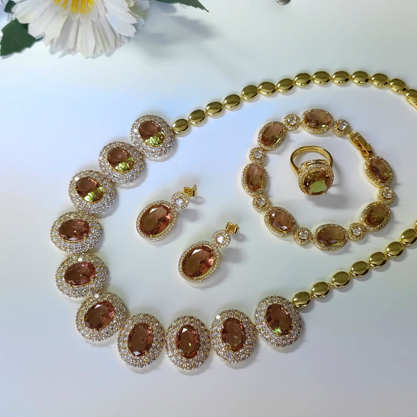 Sophisticated 4-Piece Sultanite Jewelry Set includes an Adjustable Ring, Necklace, Earrings, and Bracelet. This Color-Changing set features Artificial Crystals on a Copper Base, perfect for Daily Wear, Engagements, and Weddings. Suitable for All Seasons