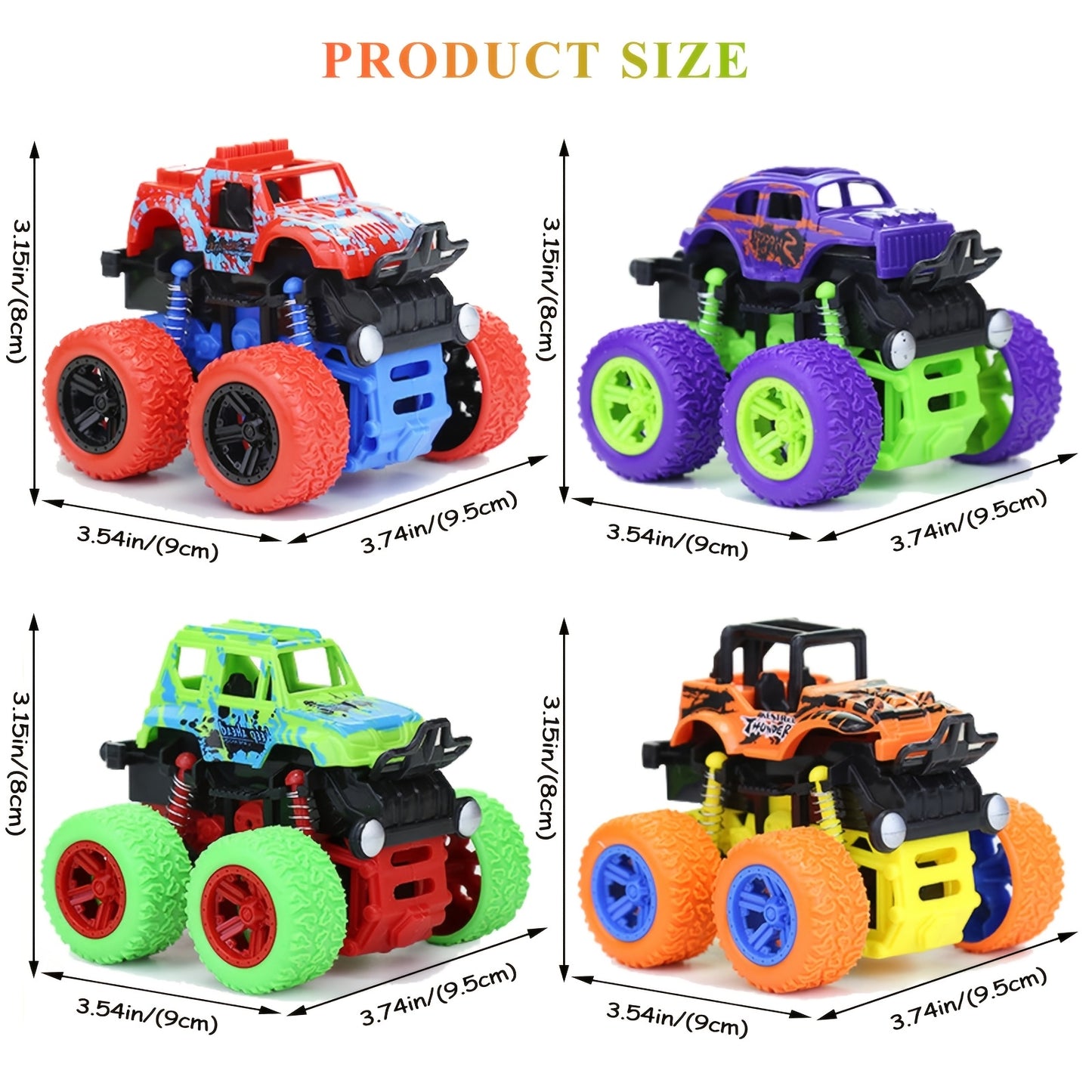 Set of 4 Monster Trucks for Kids 3+ | Friction-Powered, Double-Direction Inertia with 360° Rotation | Durable Pull Back Vehicles - Ideal Birthday Present