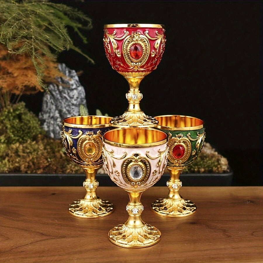 Two 30ML chalice goblets and an embossed diamond-encrusted metal shot glass for red or white wine, perfect for parties, weddings, and anniversaries.