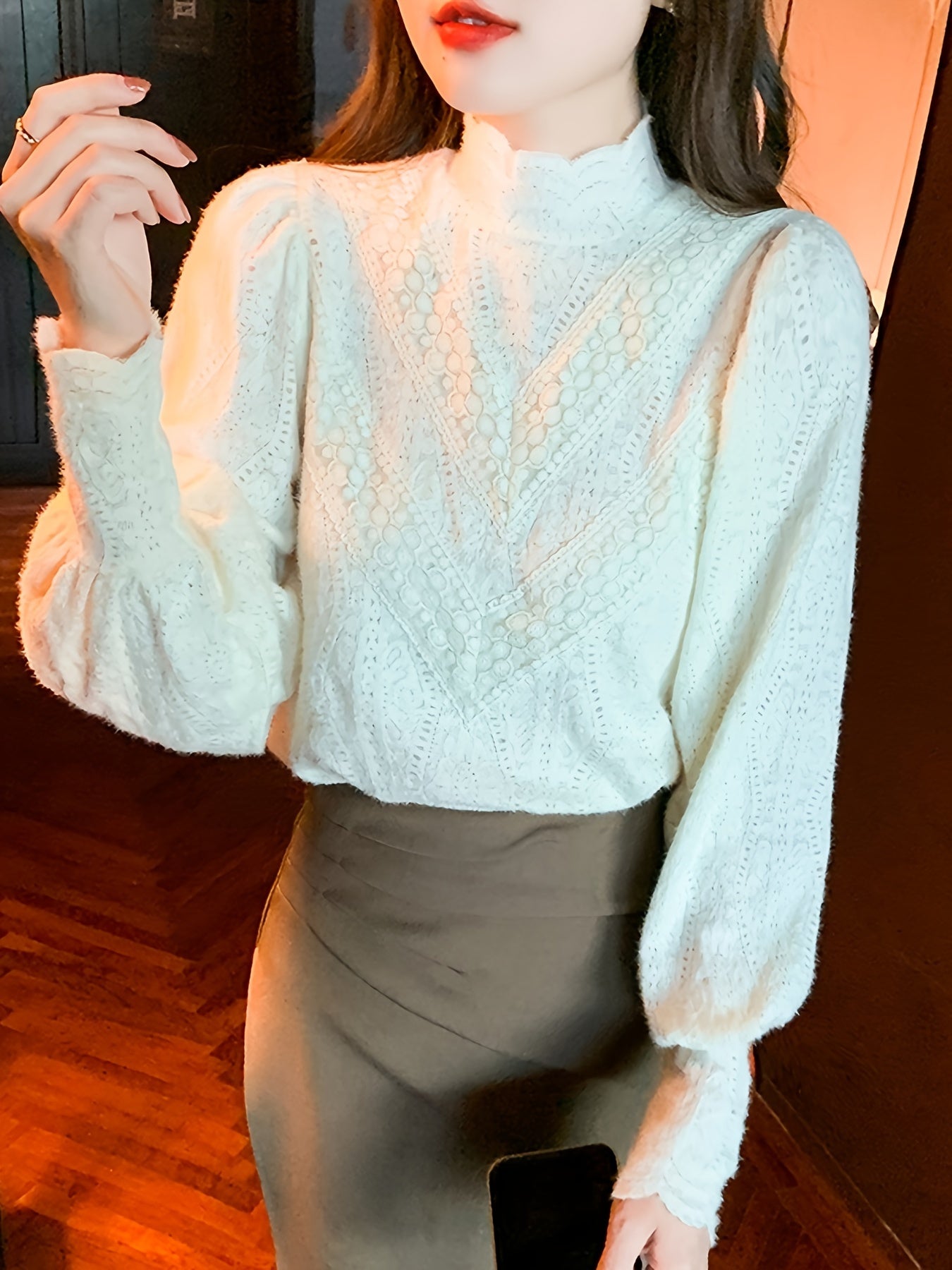 French Court-inspired lace blouse with mock turtleneck, made of nylon and spandex. Machine washable, ideal for spring/fall.