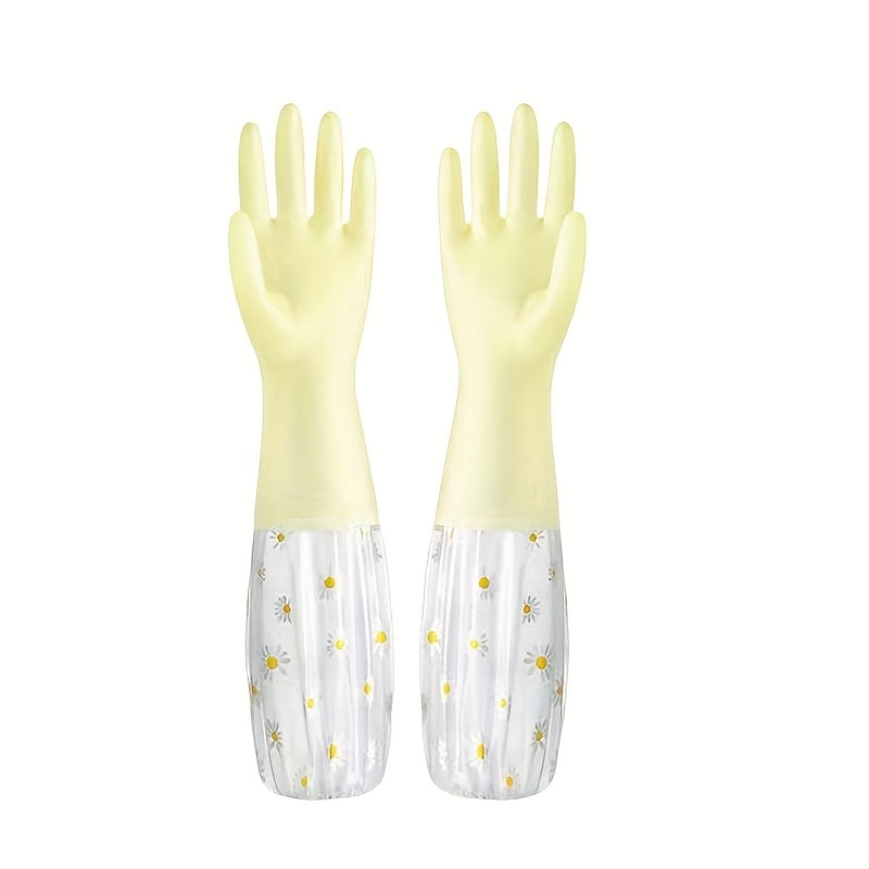 Waterproof PVC cleaning gloves with a daisy pattern, perfect for non-slip dishwashing in the kitchen, laundry, bathroom, toilet, and living room. These alcohol-free gloves are multi-purpose and ideal for all your cleaning needs. One pair included in the