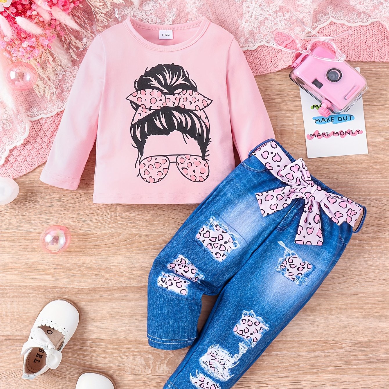 3-piece outdoor set for infant and toddler girls with long sleeve cartoon top and faux jeans with belt, featuring a cute Girl Head print.