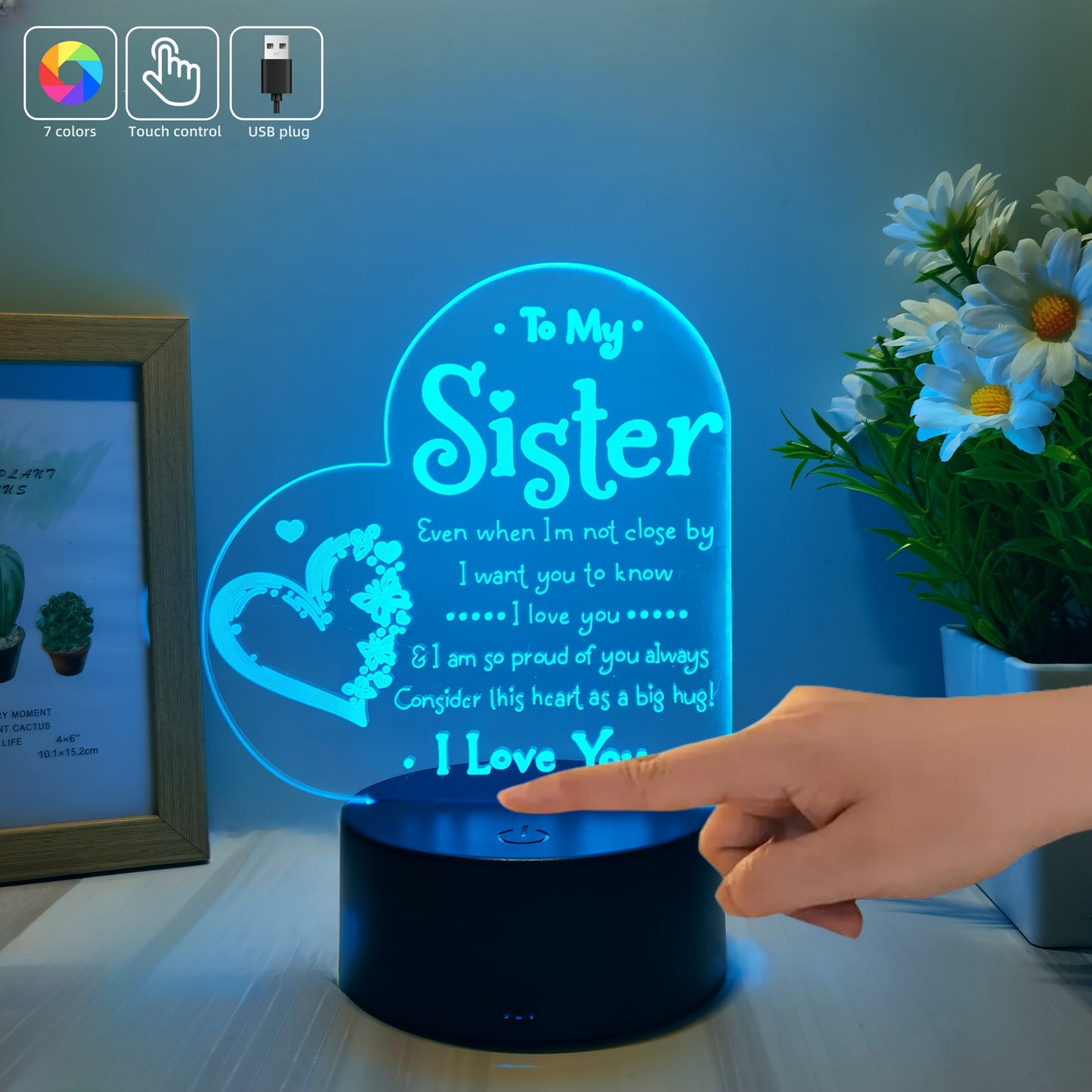 3D LED Night Light for Sister, USB Powered Decoration, Love Message Lamp for Bedside - Perfect Gift for Special Occasions - No Batteries Needed