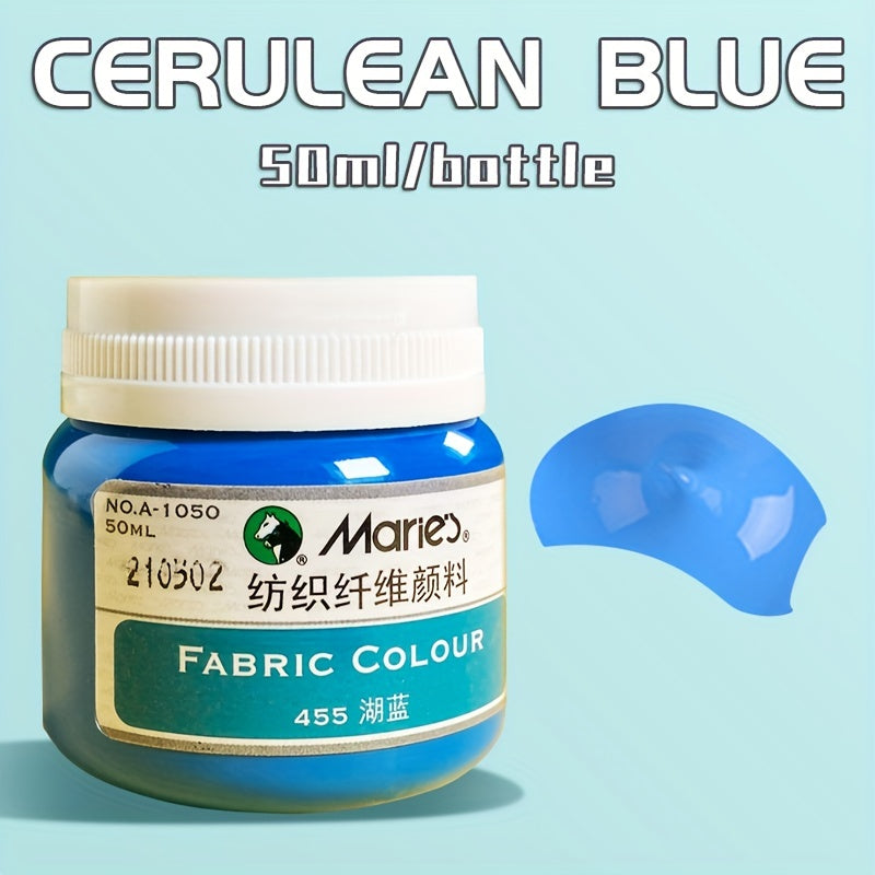 1 bottle of Marie's Fabric Paint, 50ml - 12 colors available for permanent clothes painting. Includes medium brush. Ideal for artists and crafters. Suitable for t-shirts, shoes, jeans