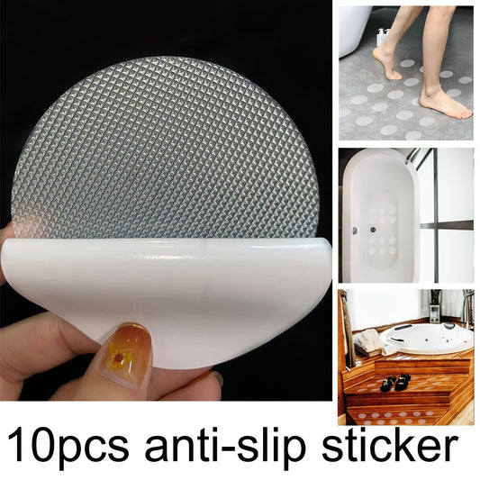 10 pieces of waterproof anti-slip stickers designed for bathroom and shower use. The transparent PEVA tape ensures non-slip safety, making it easy to apply and remove. These stickers protect floors and steps, providing an added layer of safety in wet