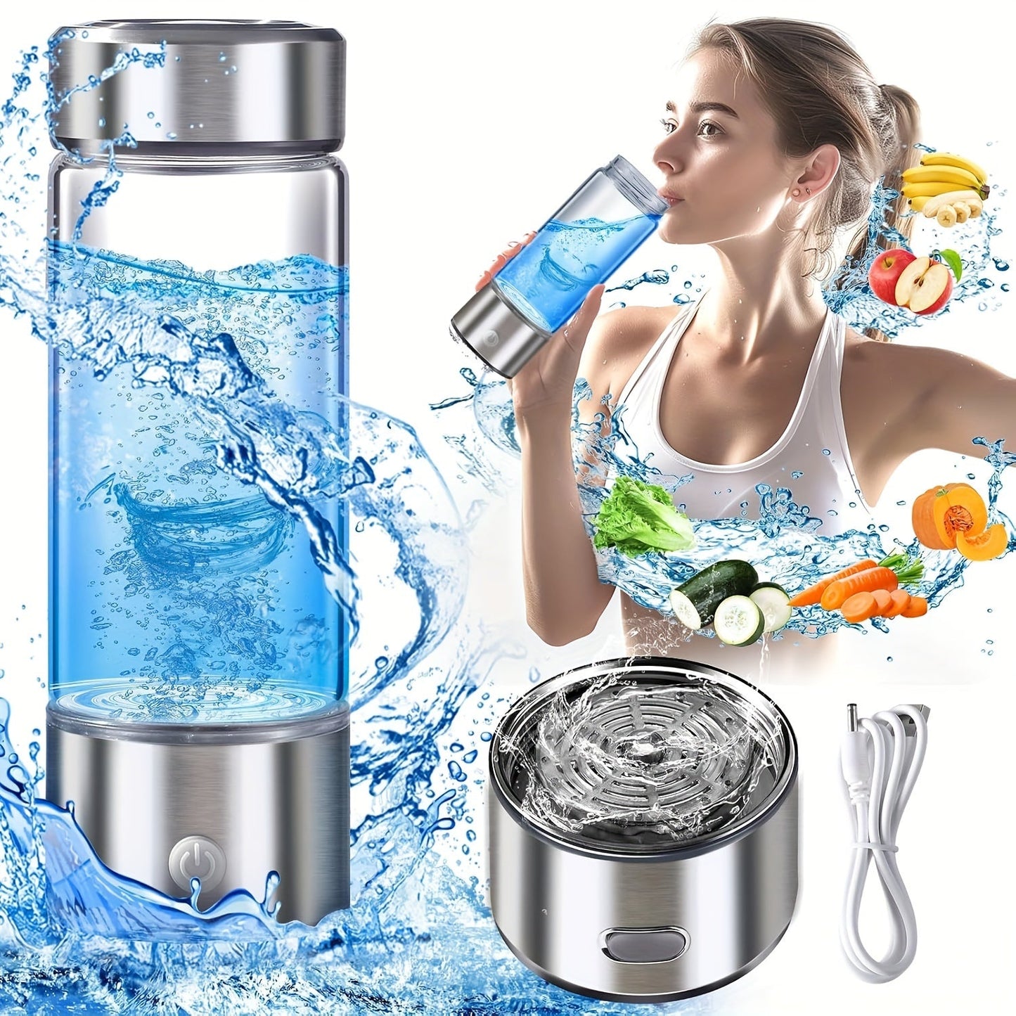 Take your hydrogen water on-the-go with this portable, rechargeable hydrogen-rich water glass health cup. Perfect for home and travel, this hydrogen water bottle, ionizer, and generator provides you with the ultimate hydration solution.