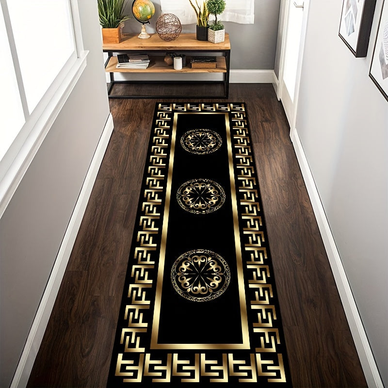 Elegant F-Pattern Runner Rug in Luxurious Golden and Black - Non-Slip, Machine Washable Polyester Carpet for Entryway, Living Room, Bedroom, Outdoor Patio, Garden, and Yard Decor