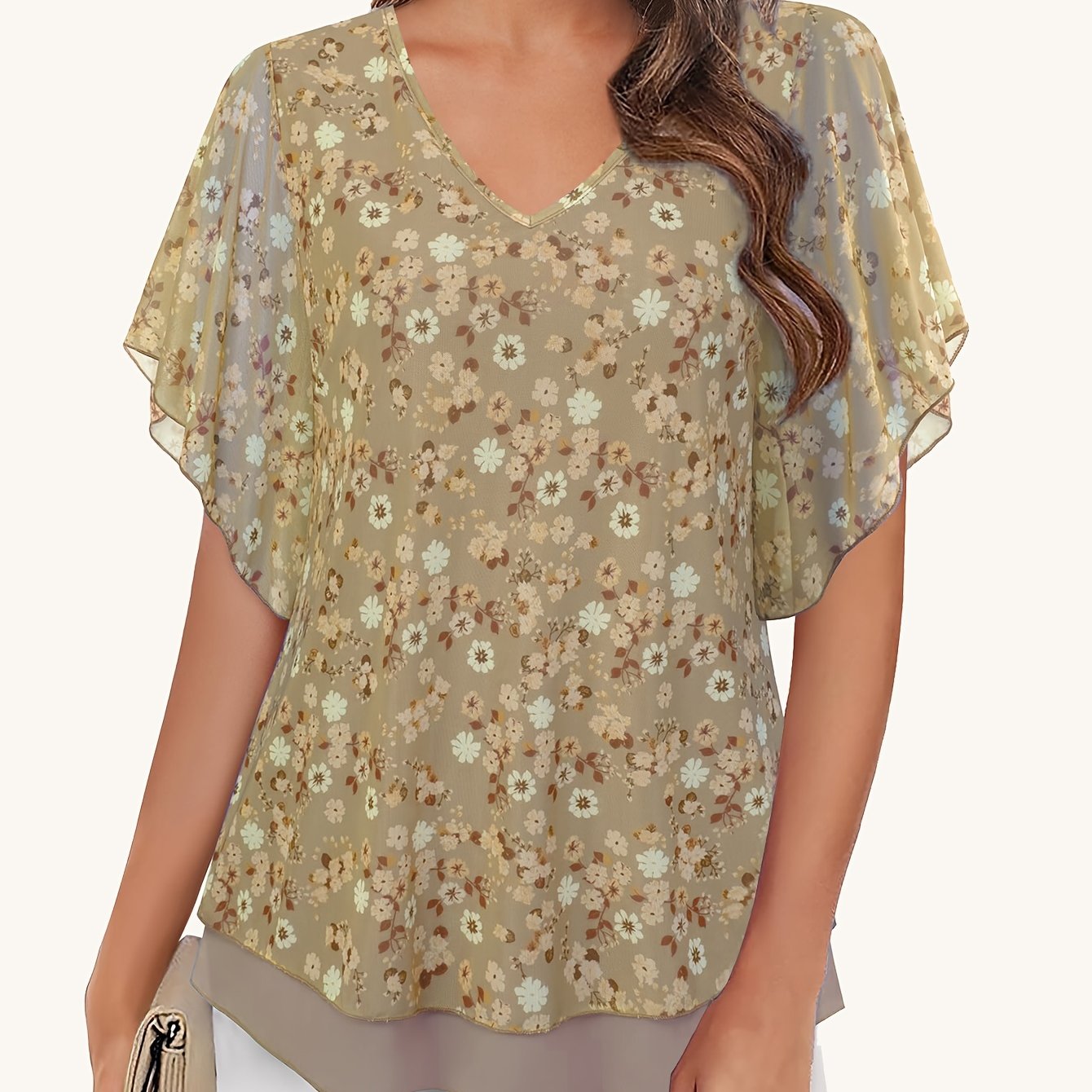 Women's Double Layer Mesh Blouses - Short Sleeve V Neck Tunic Tops