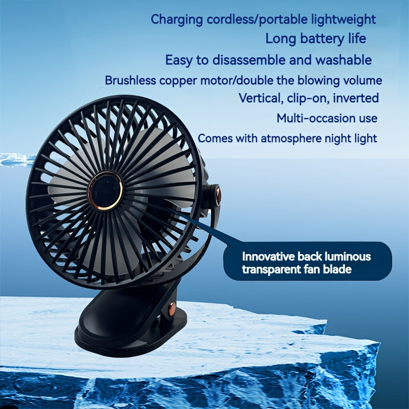 Portable USB Rechargeable Desk Fan with Nightlight - 1 Piece, 5 Speeds, 720° Rotation, Clip-On Design, Quiet Operation, Easy to Clean, Suitable for Indoor and Outdoor Use, Made of Durable Plastic, Includes Push Button Control and Built-in Lithium Battery.