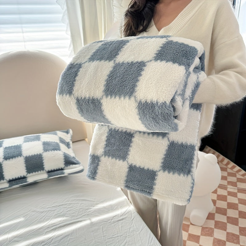 Soft and cozy plaid flannel throw blanket, perfect for staying warm on the couch, napping in the office, or traveling. Features a versatile checkerboard design and is machine washable for easy care.