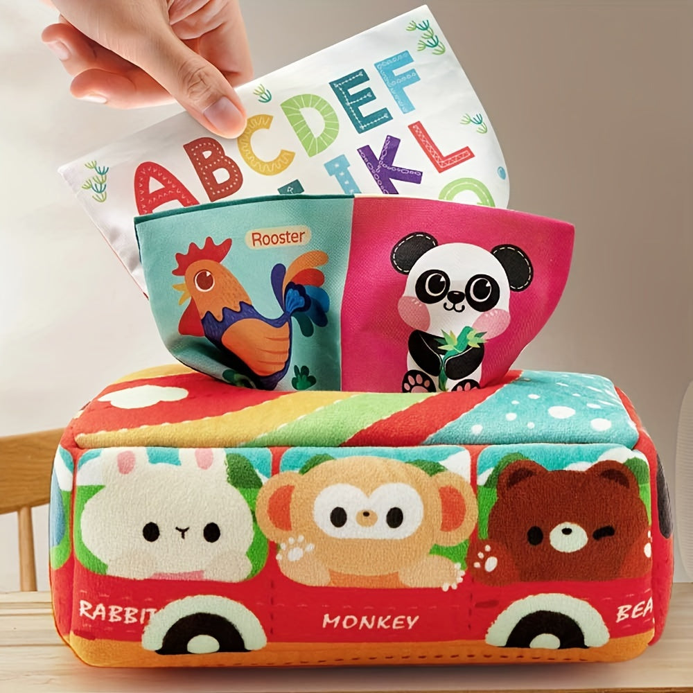 Animal School Bus Sensory Learning Toy Set - Includes Tissue Box, Educational Scarf, and Crinkle Paper. Made of Polyester in Mixed Colors by EDUVANKU