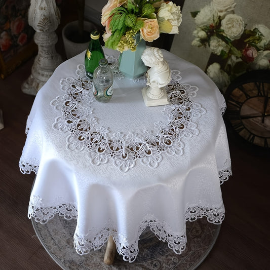 32-inch diameter, white polyester round tablecloth with floral design, ideal for Christmas holiday decor, machine washable.