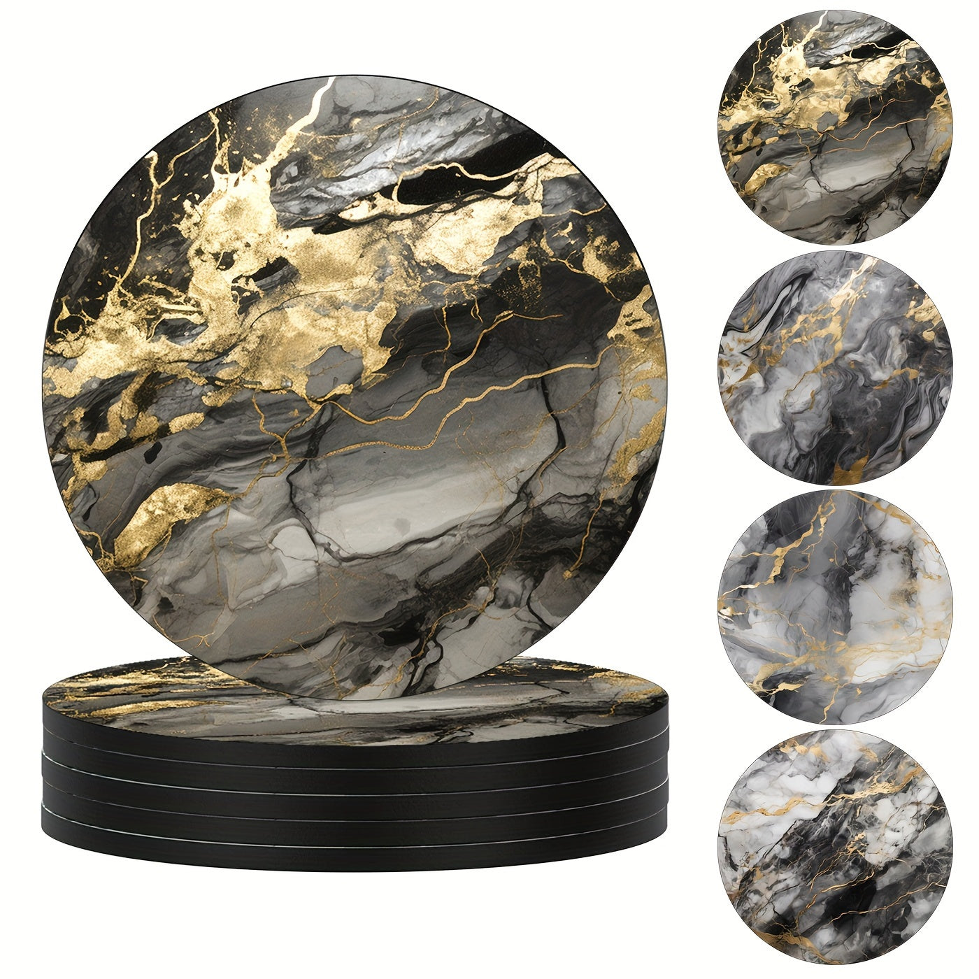 6 golden grey marbled coasters with rubber and non-slip backing, perfect for drinks and decor in your home or kitchen. Great housewarming gift.