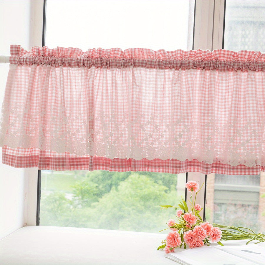 Add a touch of pastoral charm to your living room, kitchen, or cafe with this beautiful blue plaid short curtain featuring delicate lace detailing and a convenient rod pocket design.