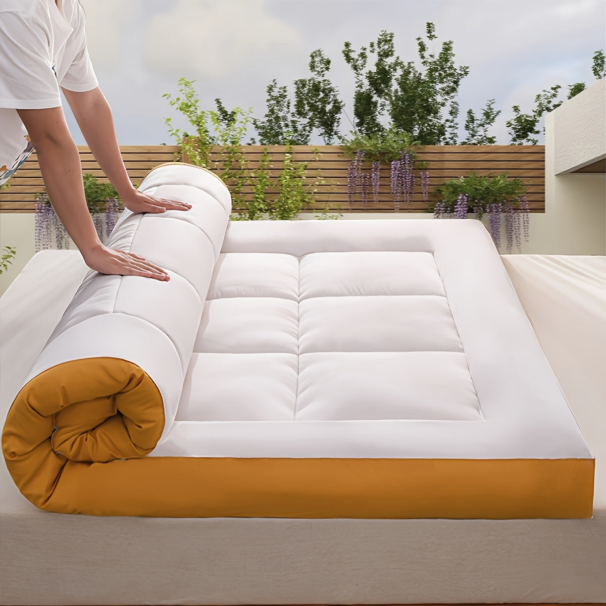 Luxurious quilted mattress pad for ultimate comfort - super soft, breathable, and lightweight. Ideal for outdoor camping, machine washable with polyester fiber filling and fabric.