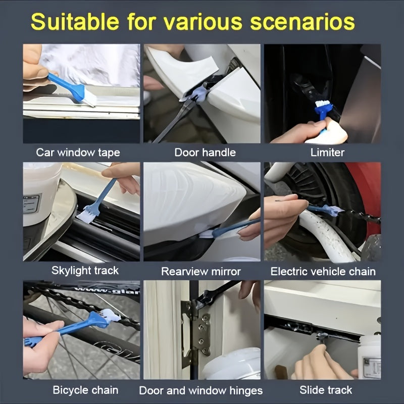 Skylight track, hinge, and window seal maintenance kit for reducing car grease noise and ensuring smooth operation. Contains factory solid paste lubricant for lubricating metal corners. Mini version with 100g set and brush included.