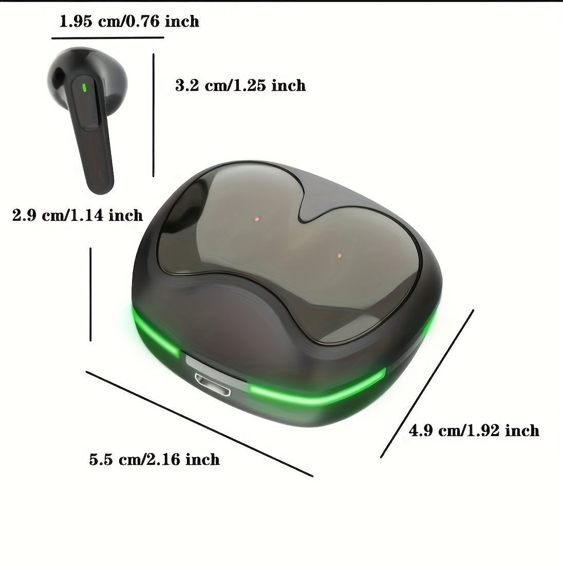 Futuristic heart-shaped wireless earbuds with LED display, touch control. Ideal for sports, gaming, and calls. USB-C charging case included.