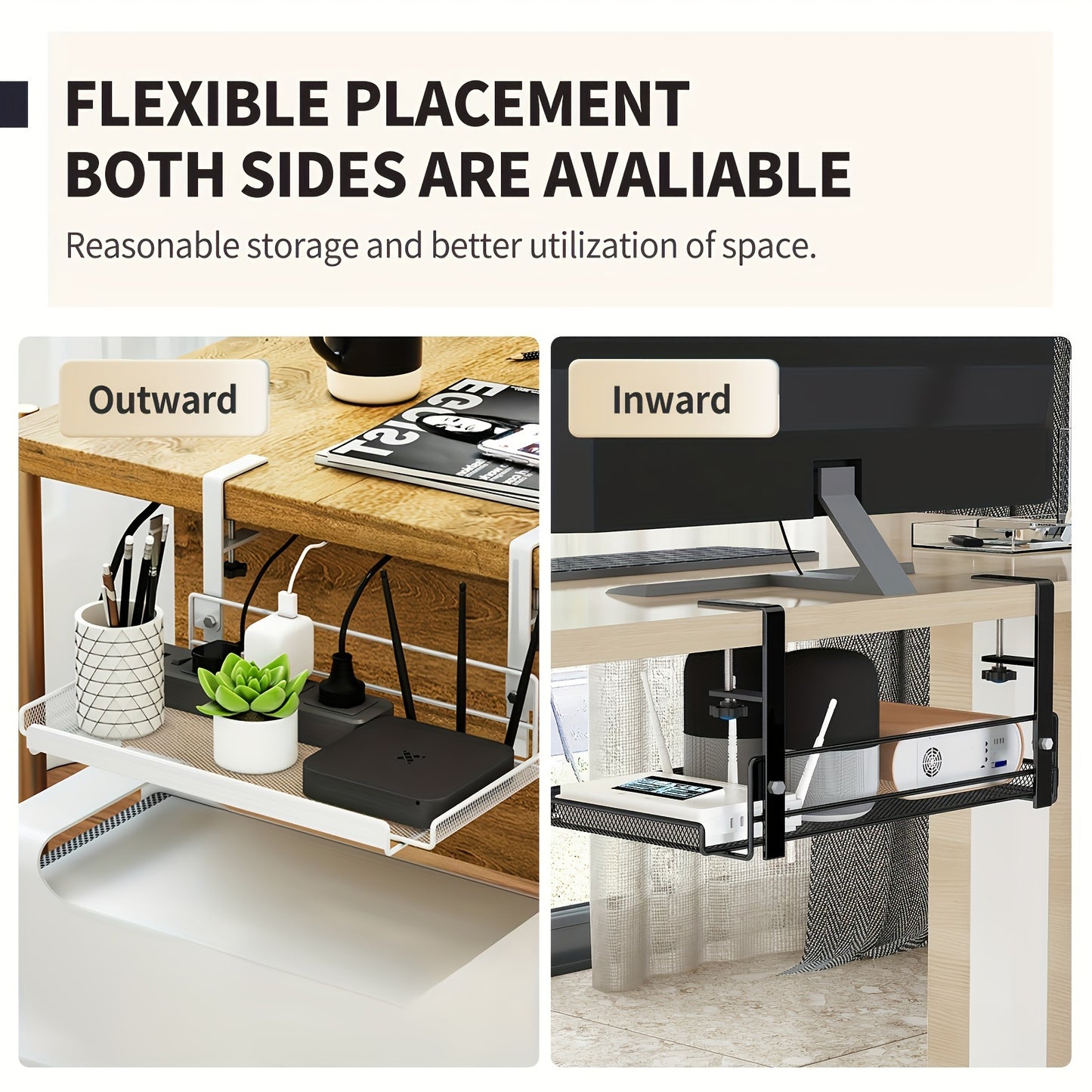 1pc Black under-desk cable management tray made of paint-finished iron wire for office desks without drilling needed.