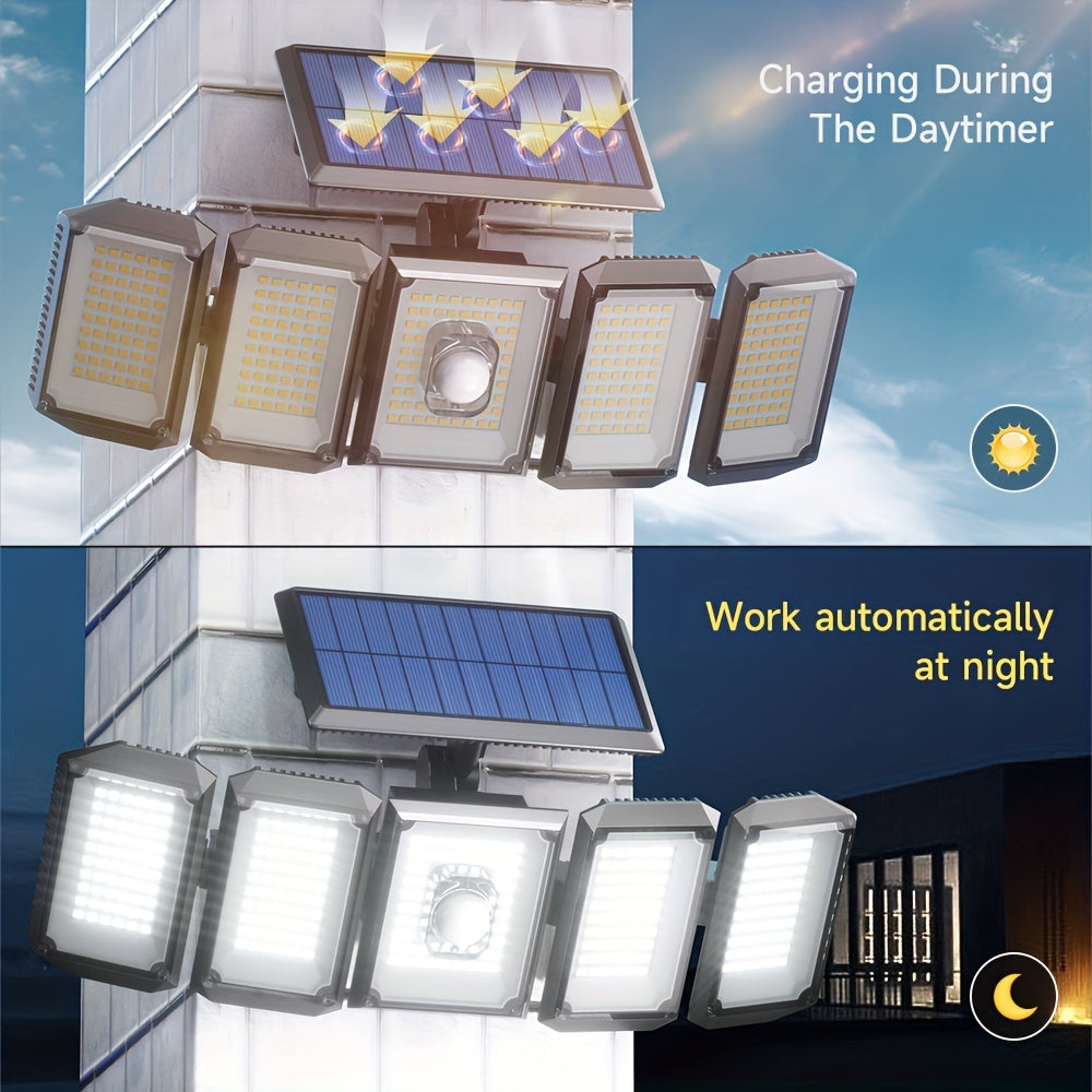 Solar Outdoor Security Light with Motion Sensor and 300 LED Flood Lights, 3 Modes, Foldable, Remote Control, Detachable Sconce, Plastic Shade, Solar Powered with Lithium Battery. Ideal for