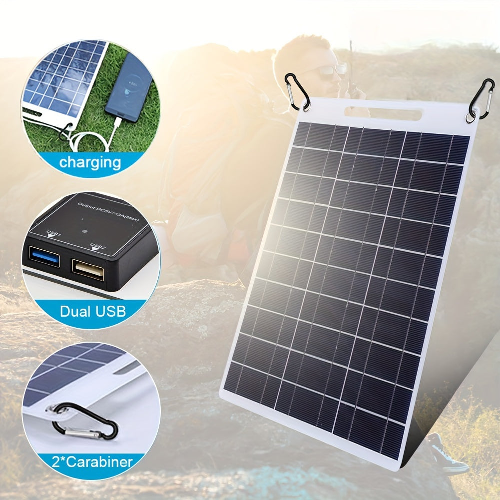 Compact dual USB solar charger, perfect for camping and home use.