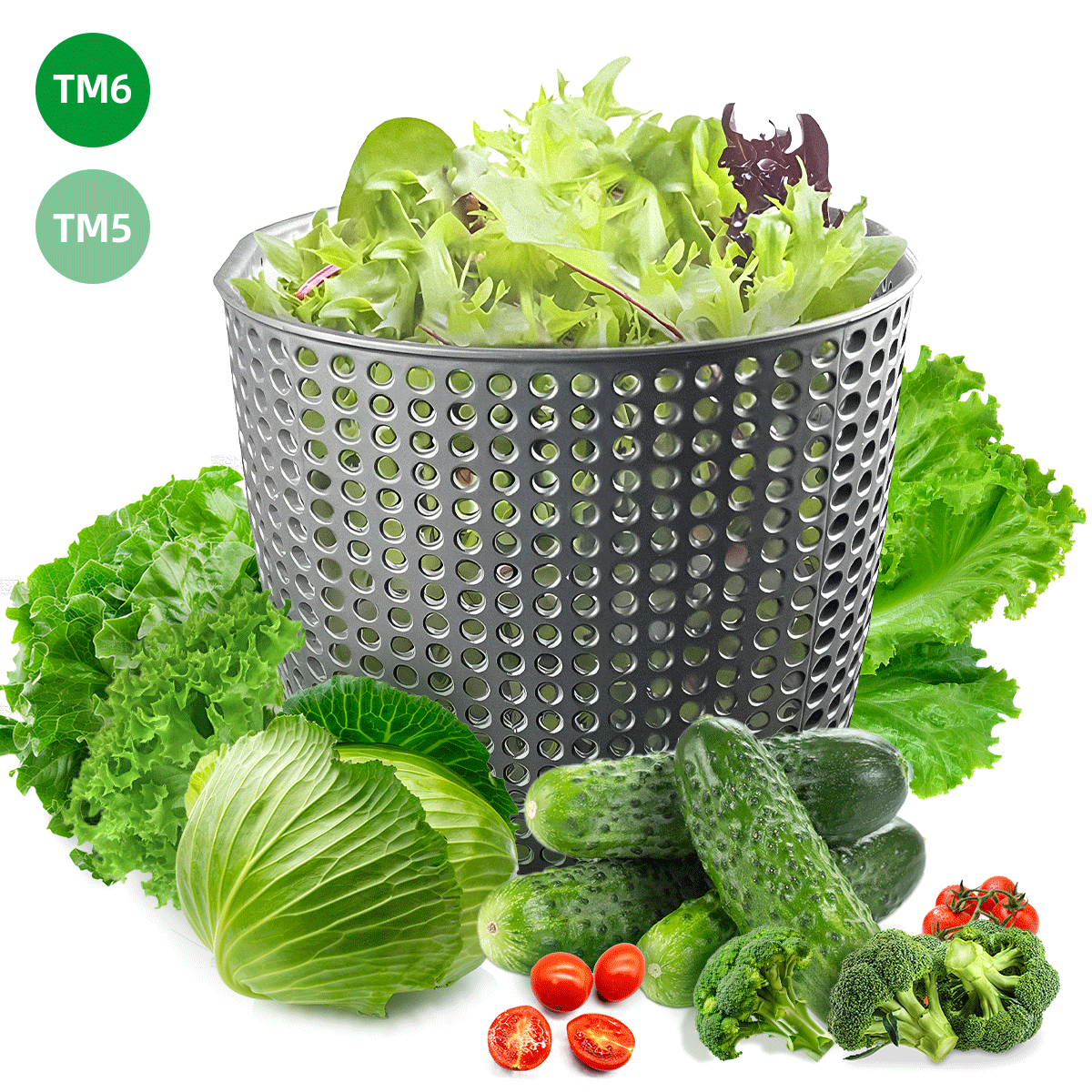 Salad Spinner Attachment for TM5 TM6 Mixers - Multi-Functional, Food-Safe, and Dishwasher-Safe - Grey, Packaged