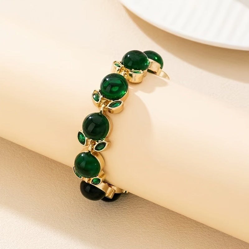 This Elegant Green Resin Bracelet features a Vintage and Elegant style with a Unique Infinity Design. Made with Synthetic Stone and Zinc Alloy, this accessory does not require any power. It is perfect for both daily wear and special occasions, making it