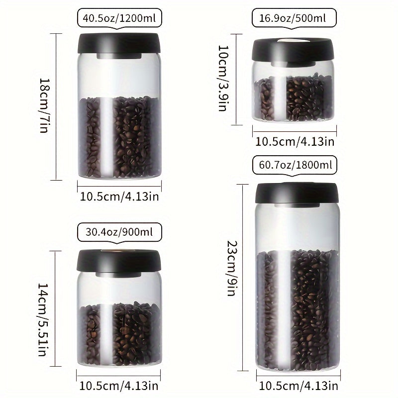 High-Quality Borosilicate Glass Vacuum Jar for Coffee Beans and Kitchen Storage - Available in 500ml, 900ml, 1200ml, and 1800ml Capacities - Transparent, Durable, and Ideal for Preserving Freshness and Aroma