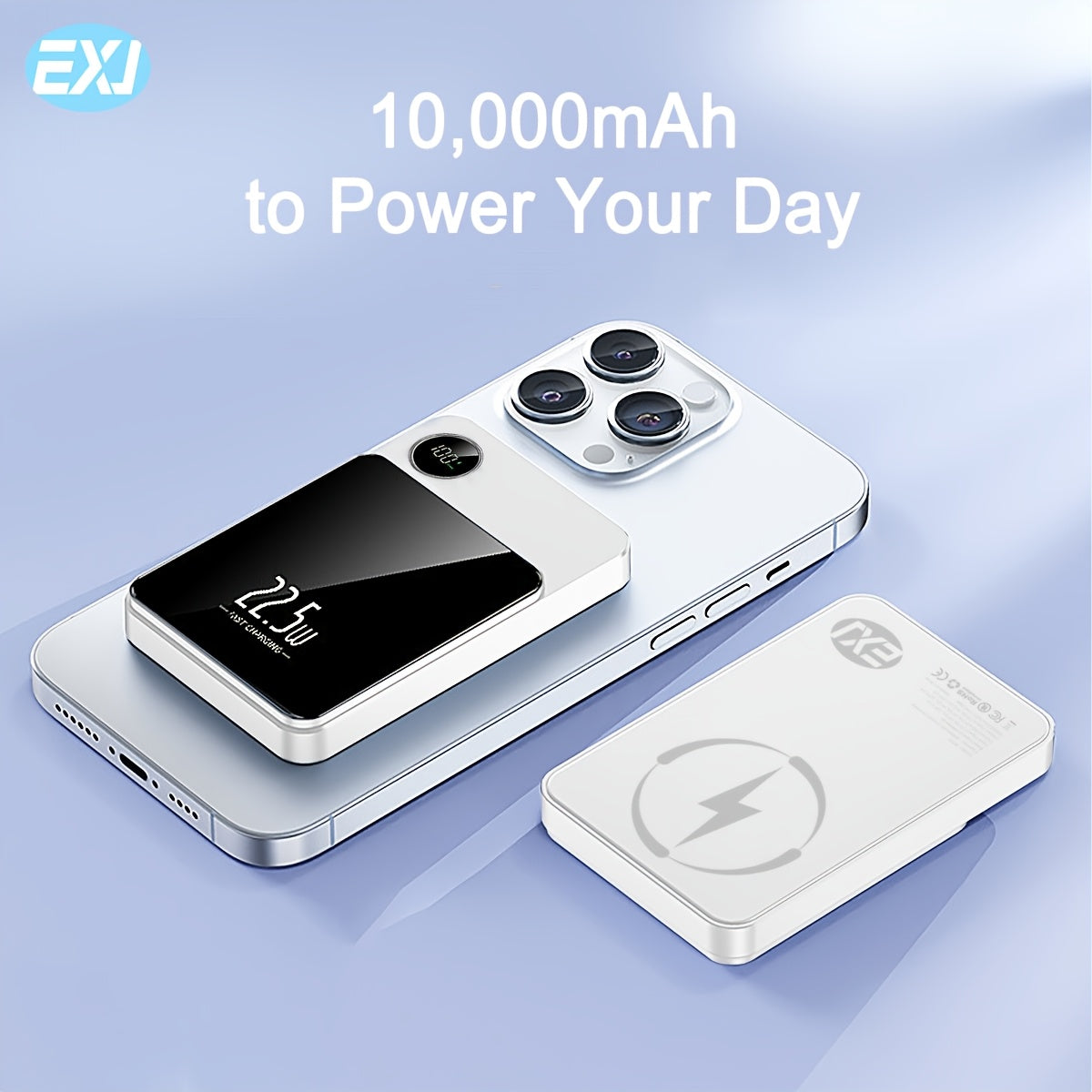 EXJ-PD 22.5W Magnetic Power Bank with USB-C cable, LED display, Mag-Safe, and PD fast charging for iPhone 16/15/14/13/12 models.