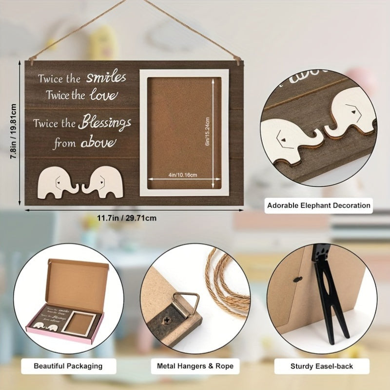 Wooden Twin Photo Frame with Elephant Design - Capture Double the Joy, Double the Love, Double the Blessings - Rectangular Picture Frame for Cherished Twins Forever Keepsake