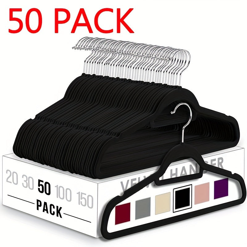 Upgrade your wardrobe organization with this set of 50 sleek black velvet hangers. These non-slip hangers feature 360° swivel hooks and a slim design, perfect for suits, coats, dresses, and more. Made from durable ABS plastic, these hangers are ideal for