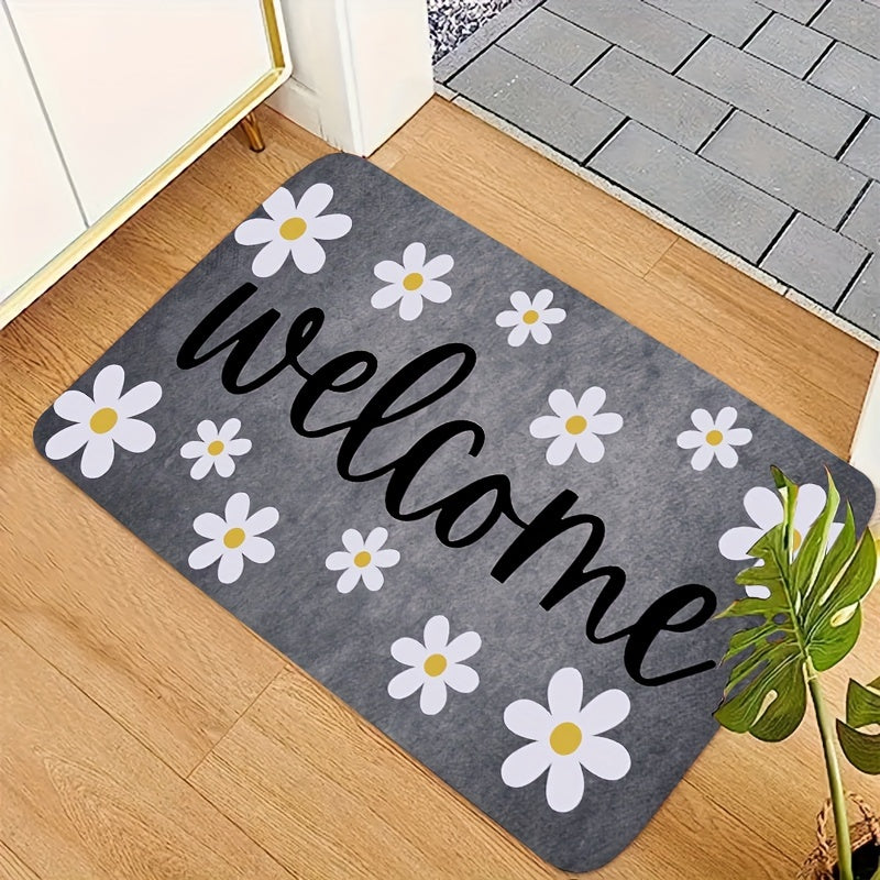 One piece of the "Welcome" Floral Anti-Fatigue Doormat is available. It is non-slip, absorbent, and machine washable with a double-lock edge. Ideal for use in kitchens, hallways, laundry rooms, and entrances, this soft crystal velvet mat weighs 830g/m²